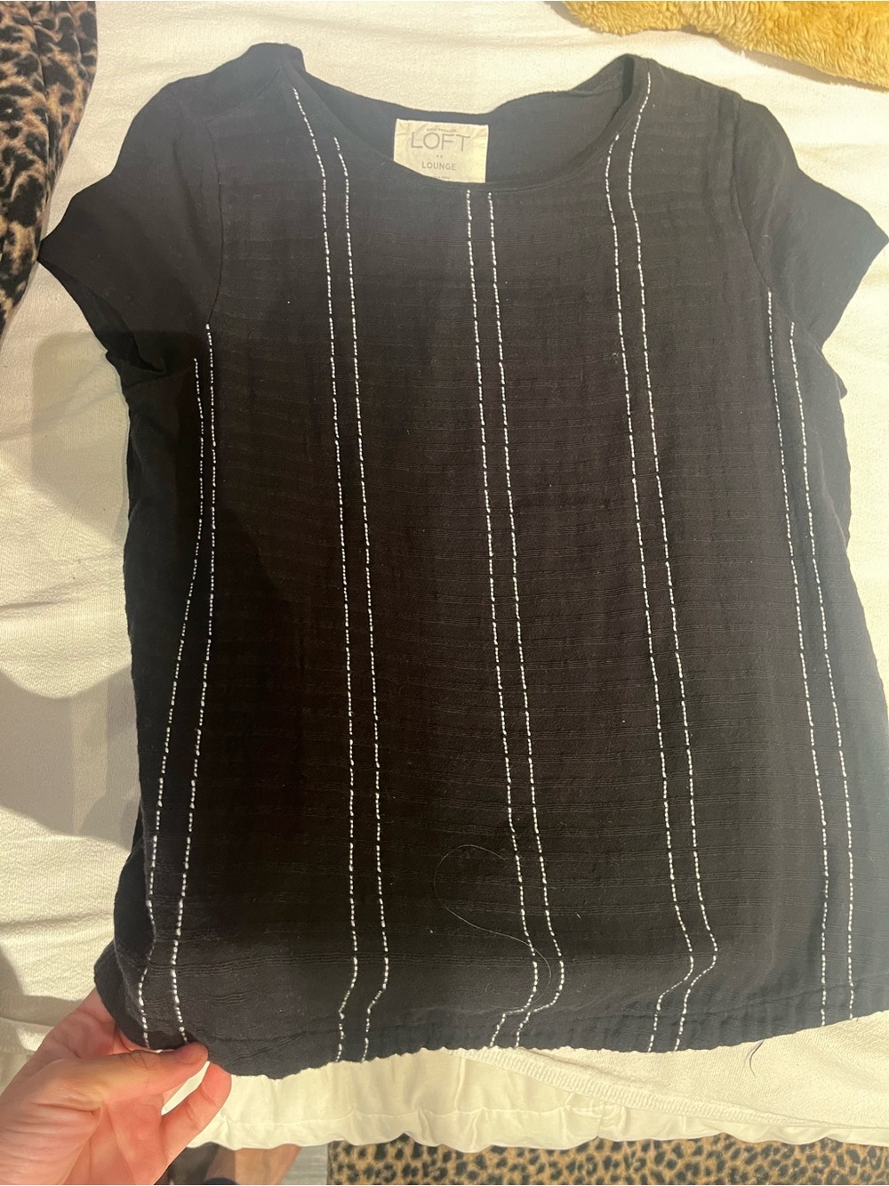 LOFT Black Short Sleeve Top with White Vertical Stitching M